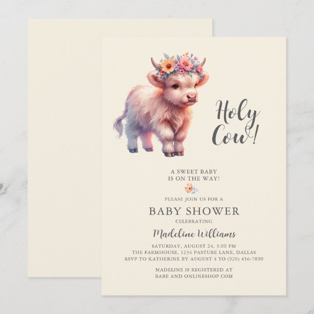 Invitation au Baby shower de la vache Highland Hol (Devant / Derrière)