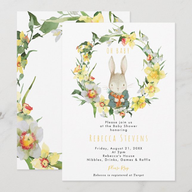 invitation au baby shower de lapin daffodil de pri (Devant / Derrière)