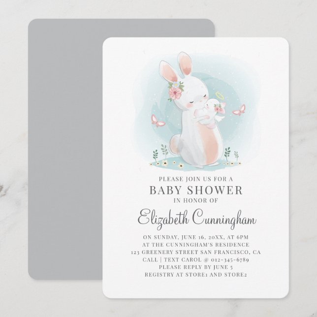Invitation au Baby shower de lapin d'Aquarelle Mam (Devant / Derrière)