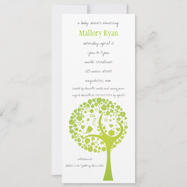 Invitation au Baby shower de l'arbre à fleurs vert (Devant)