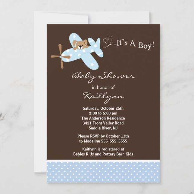 Invitation au Baby shower de l'avion bleu (Devant)