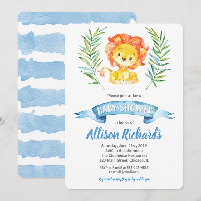 Invitation au baby shower de lion pour l'aquarelle (Devant / Derrière)