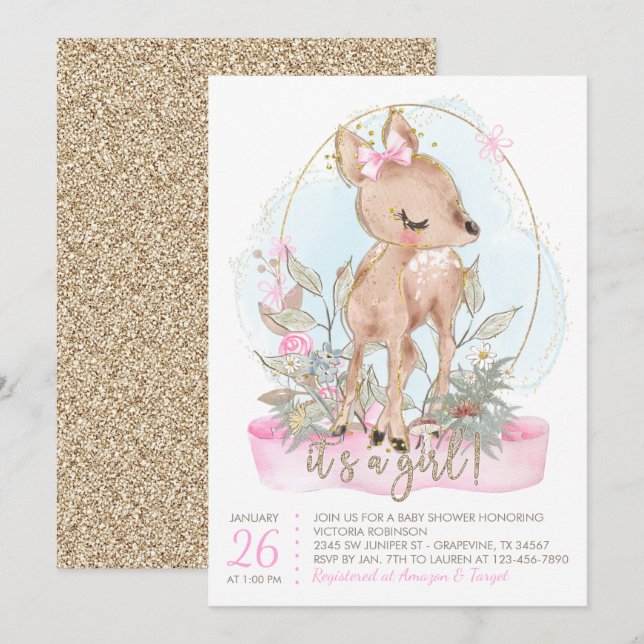Invitation au Baby shower de Little Deer (Devant / Derrière)