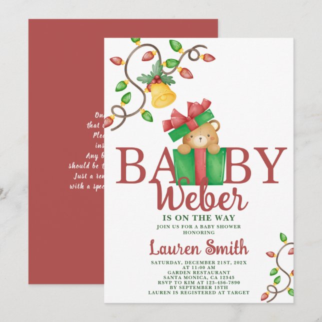 Invitation au Baby shower de l'ours de Noël (Devant / Derrière)