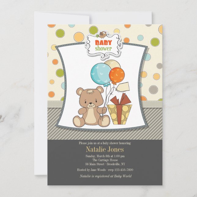 Invitation au Baby shower de l'ours de Teddy (Devant)