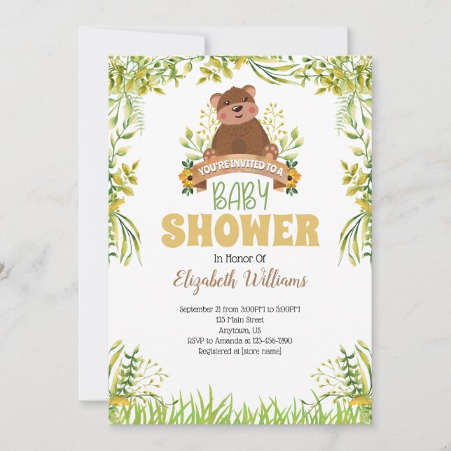 Invitation au Baby shower de l'ours des bois (Devant)