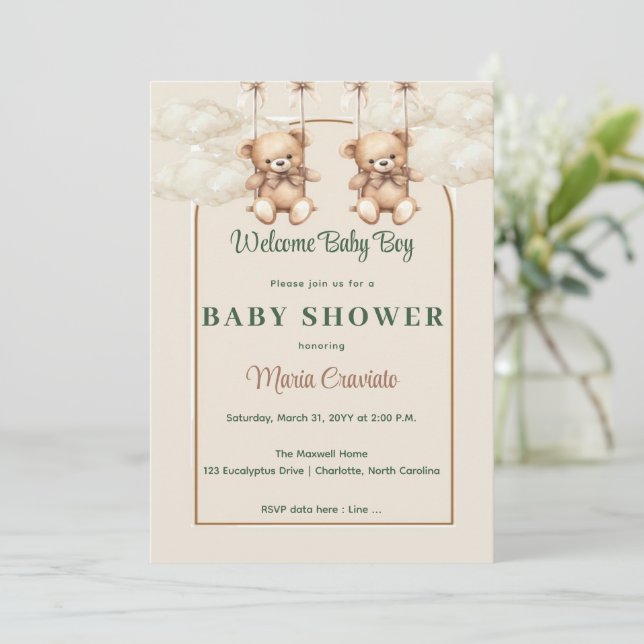 Invitation au Baby shower de l'ours en peluche vin (Debout devant)