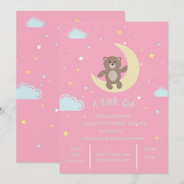 invitation au baby shower de l'ours mignon (Devant / Derrière)