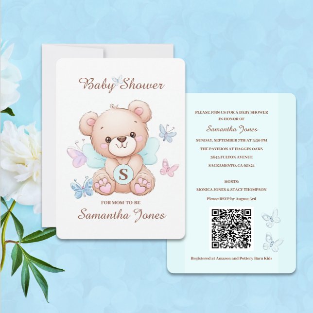 Invitation au Baby shower de l'ours mignon avec co (Create personalized baby shower invitations featuring a cute bear and butterflies.)