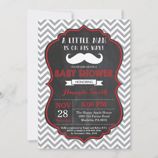 Invitation au Baby shower de moustache rouge et gr (Devant)