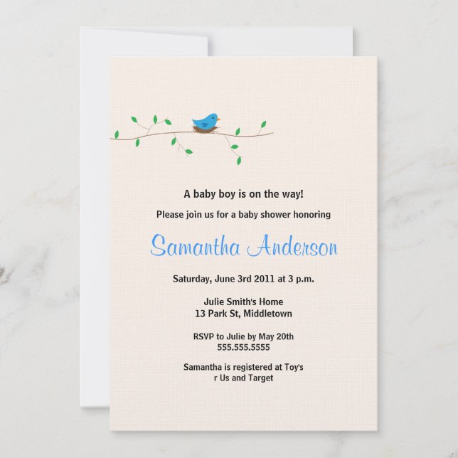 Invitation au Baby shower de nid d'oiseaux pour bé (Devant)