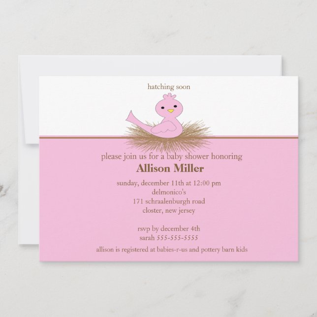 Invitation au Baby shower de nid d'oiseaux rose bé (Devant)