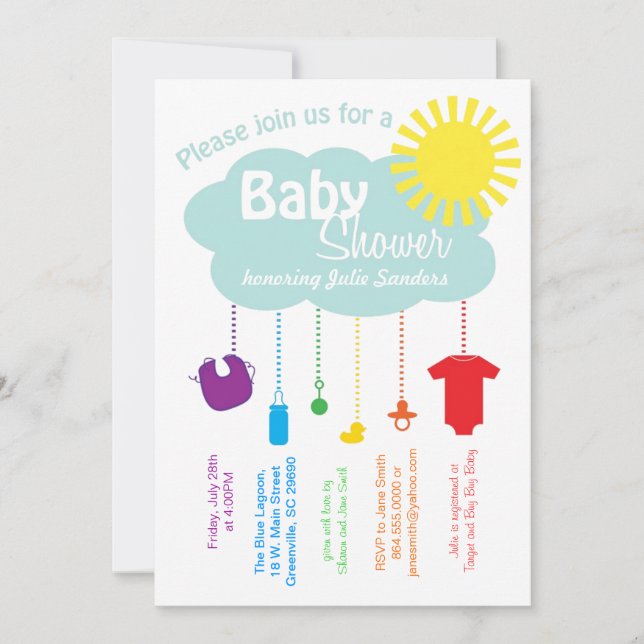 Invitation au Baby shower de nuage arc-en-ciel (Devant)