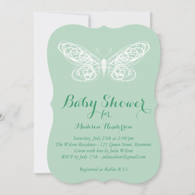 Invitation au Baby shower de papillon à la menthe (Devant)