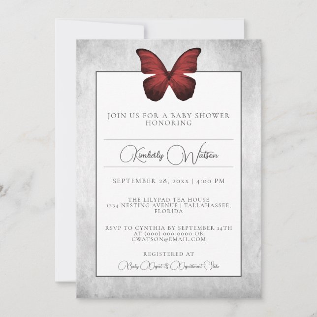 Invitation au Baby shower de papillon rouge (Devant)