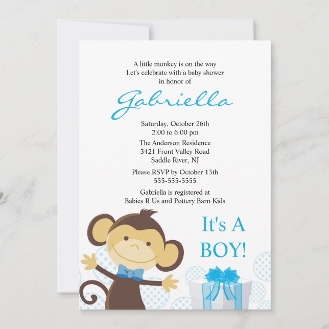 Invitation au Baby shower de petit singe (Devant)
