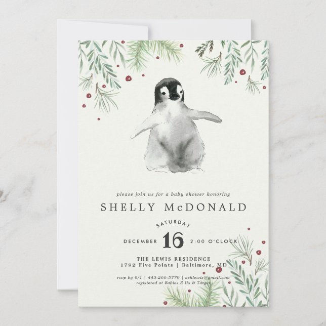 Invitation au Baby shower de pingouin d'hiver (Devant)