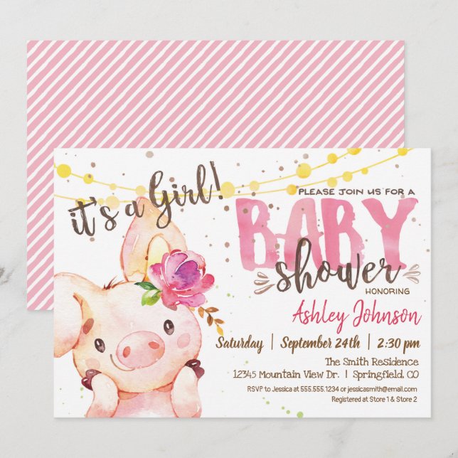 Invitation au Baby shower de porc, Girl Farm (Devant / Derrière)