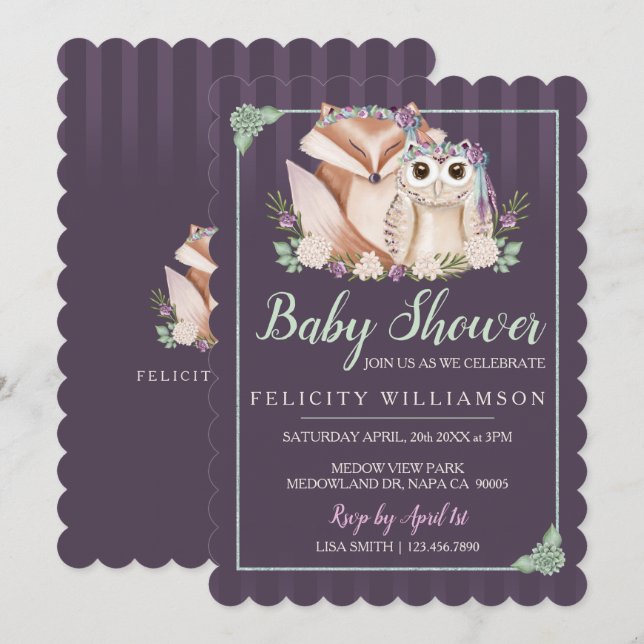Invitation au Baby shower de renard et d'hibou de  (Devant / Derrière)