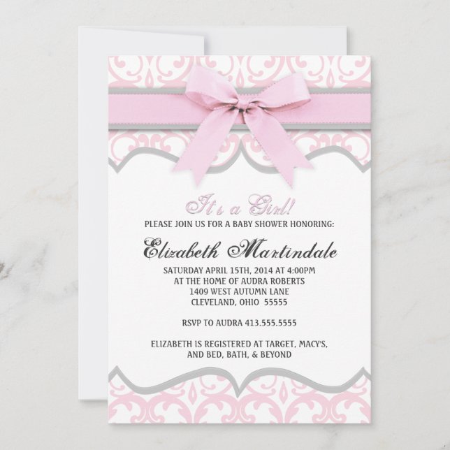 Invitation au Baby shower de ruban rose du coeur D (Devant)