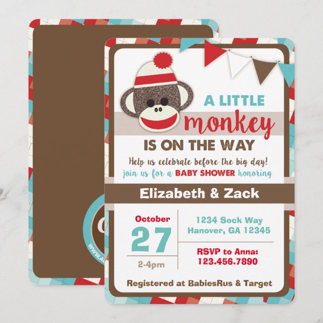 Invitation au Baby shower de singe de soie (Devant / Derrière)