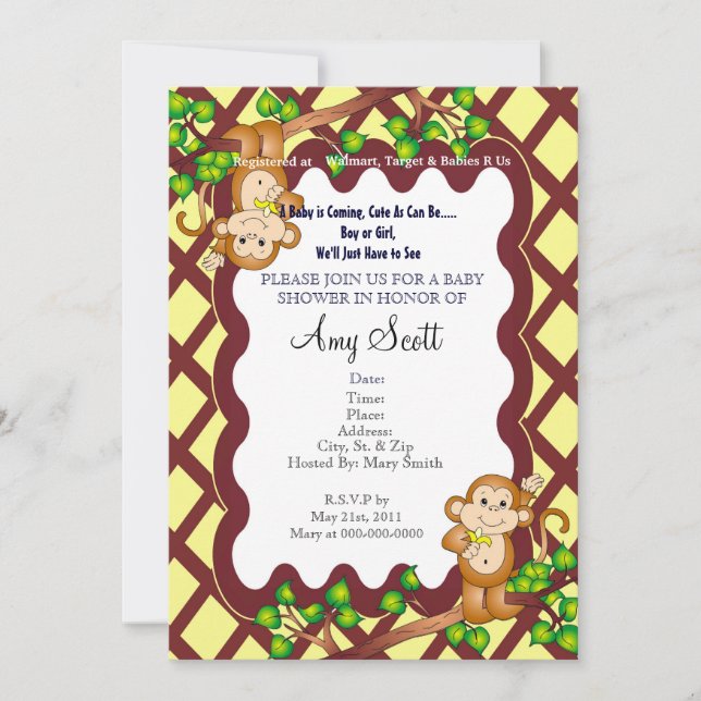 Invitation au Baby shower de singe en mouvement -  (Devant)