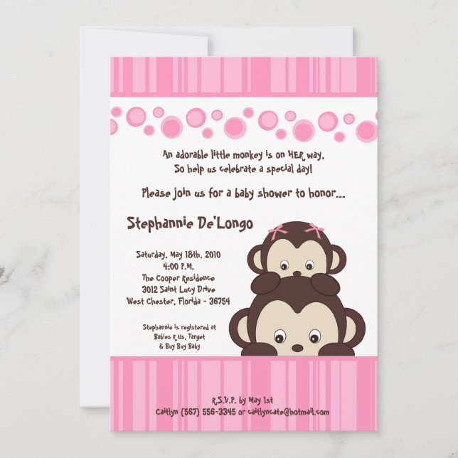 Invitation au Baby shower de singe Pop Rose 5x7 (Devant)