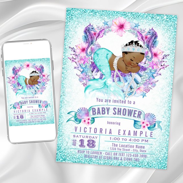 Invitation au Baby shower de sirène de bébé ethniq (Adorable mermaid baby shower invitation. Instant download and printed invitations available.)