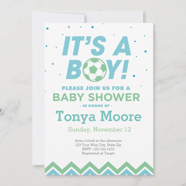 Invitation au Baby shower de soccer vert (Devant)