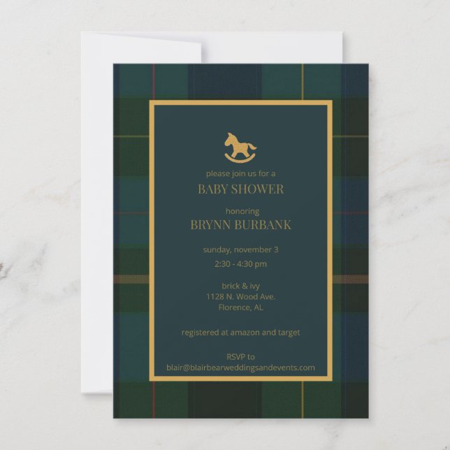 Invitation au Baby shower de Tartan Vert et Marine (Devant)