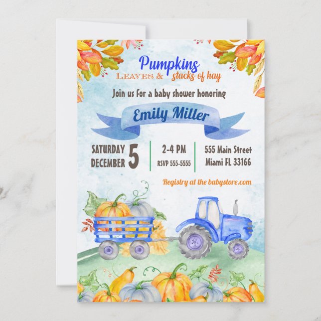 Invitation au Baby shower de tracteur Citrouille d (Devant)
