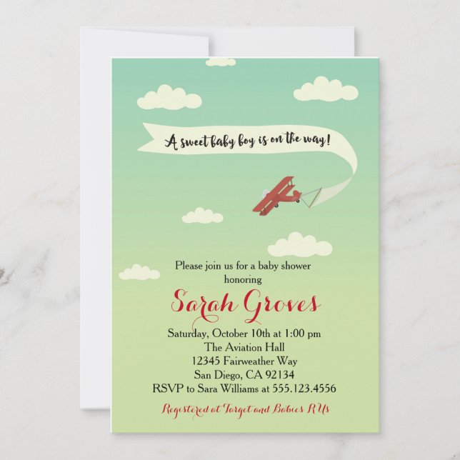 Invitation au Baby shower de transport d'avion (Devant)