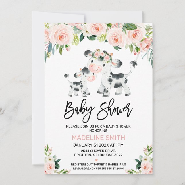 Invitation au Baby shower de vache et de veau flor (Devant)