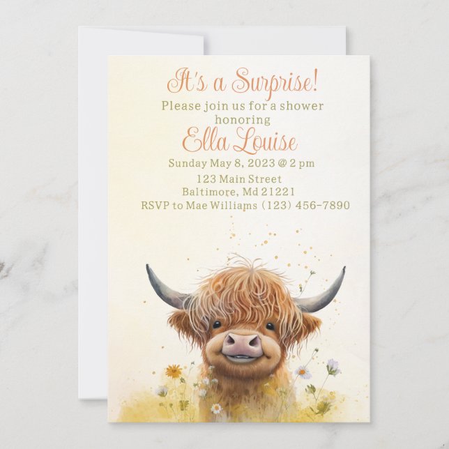 Invitation au baby shower de vache Highland (Devant)