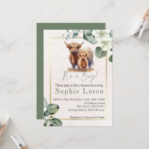Invitation au baby shower de vache Highland à fleu