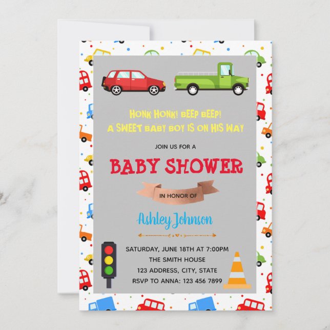 Invitation au baby shower de voiture et de camion (Devant)