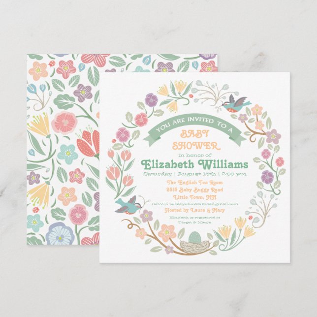 Invitation au Baby shower de Wreath Floral Woodlan (Devant / Derrière)