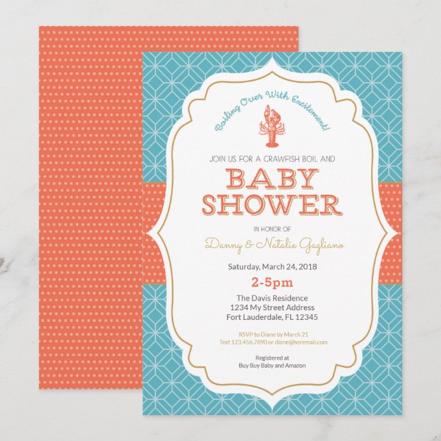 Invitation au Baby shower d'ébullition de l'écrevi (Devant / Derrière)