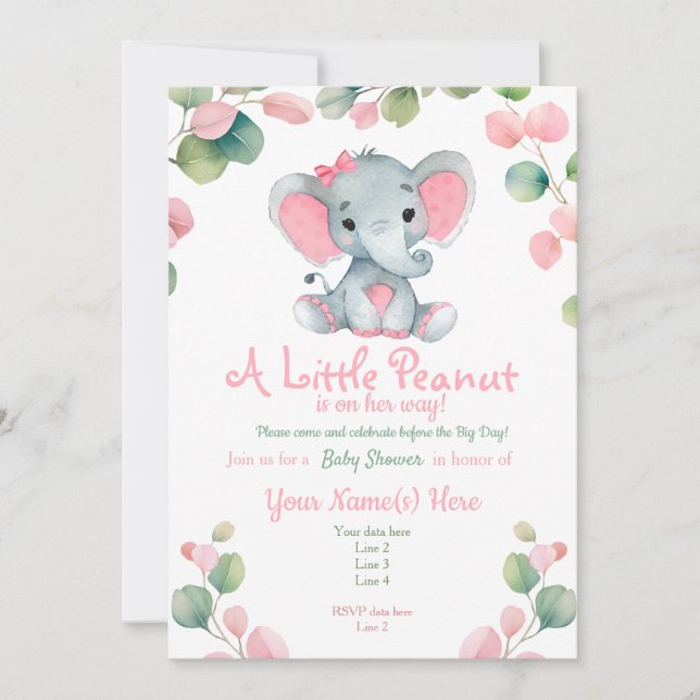 Invitation au Baby shower d'éléphant de fille vert (Devant)