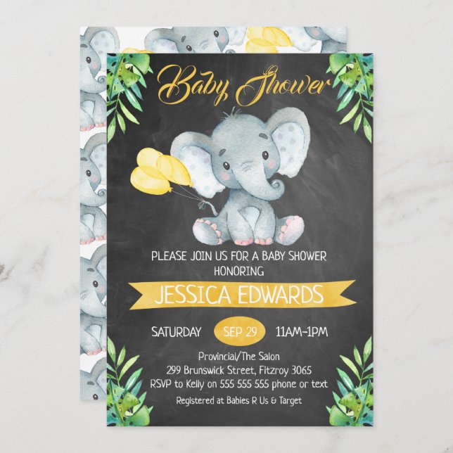 Invitation au Baby shower d'éléphant de tableau no (Devant / Derrière)
