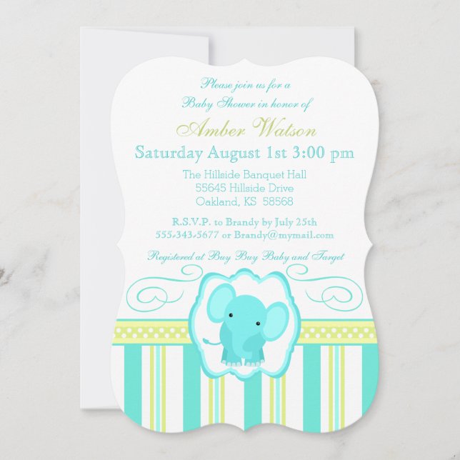 Invitation au Baby shower d'éléphant rayé (Devant)