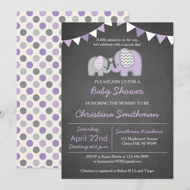 Invitation au Baby shower d'éléphant violet (Devant / Derrière)