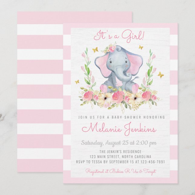 Invitation au Baby shower d'éléphants de fleurs (Devant / Derrière)