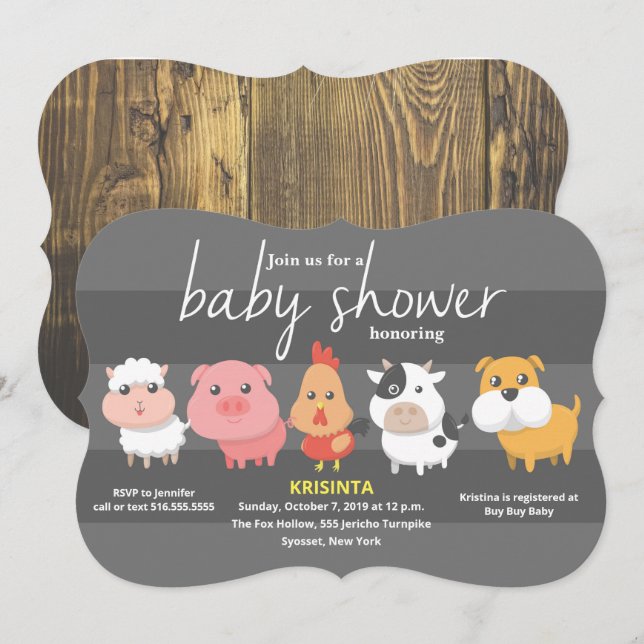 Invitation au Baby shower des animaux de ferme (Devant / Derrière)