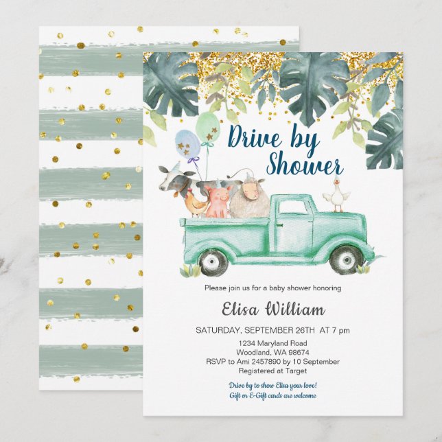 Invitation au baby shower des animaux de ferme ver (Devant / Derrière)