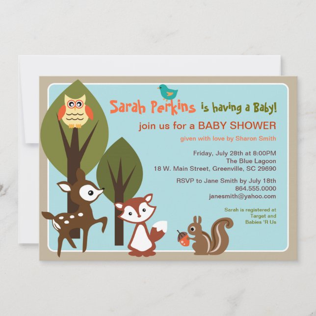 Invitation au Baby shower des animaux des bois (Devant)