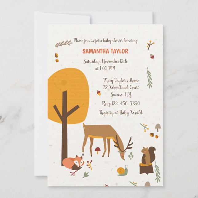 Invitation au Baby shower des animaux forestiers (Devant)