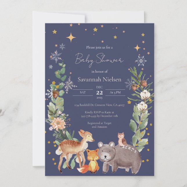 Invitation au Baby shower des animaux forestiers (Devant)