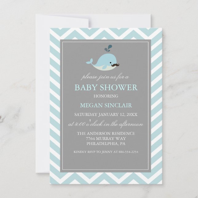 Invitation au Baby shower des baleines à moustache (Devant)