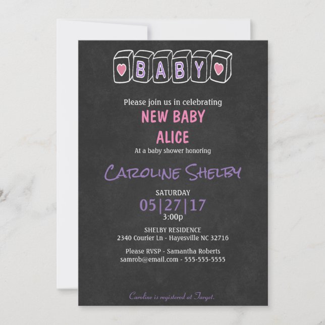 Invitation au Baby shower des blocs-bébés Chalkboa (Devant)
